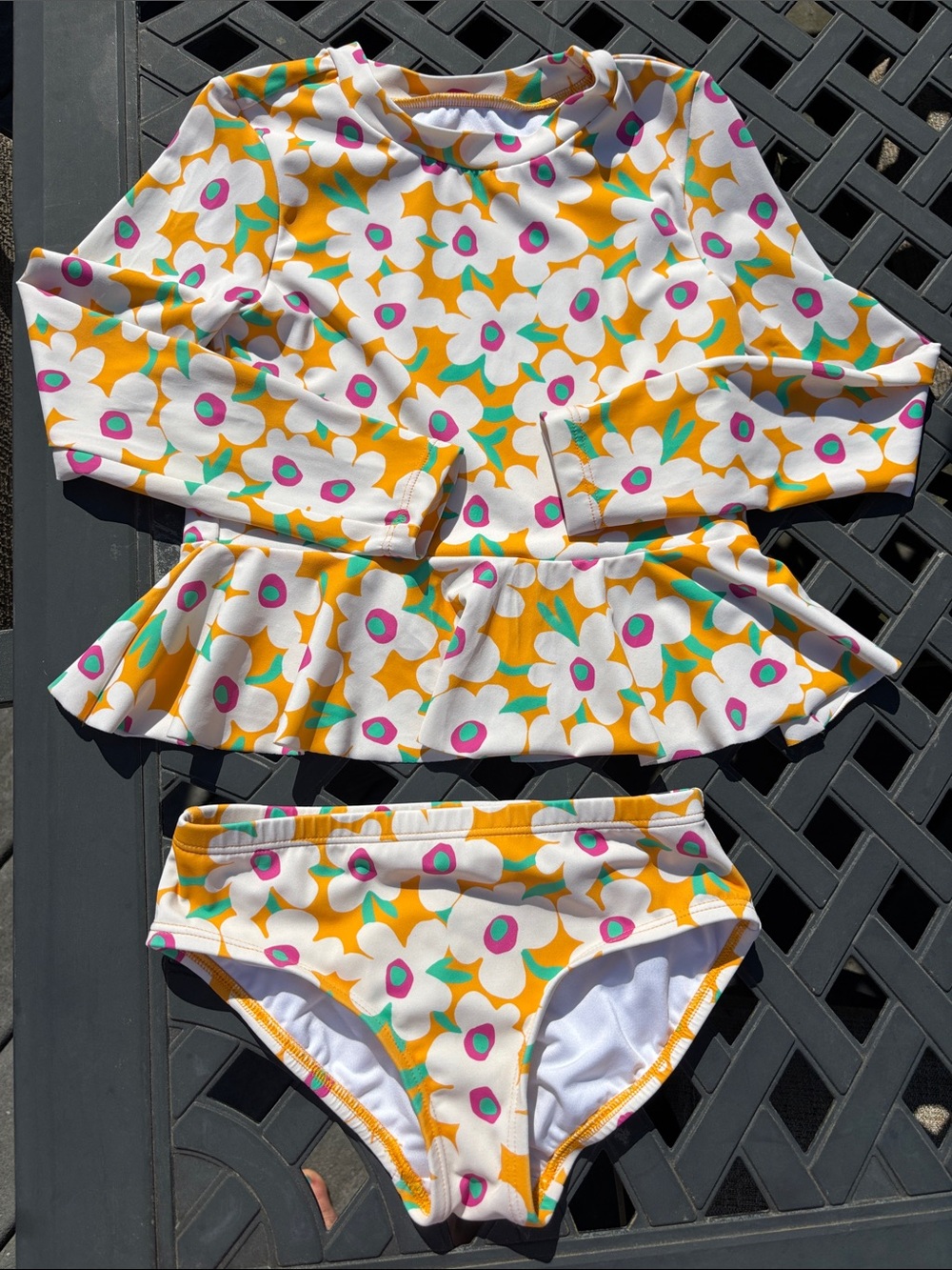 Hanna Andersson Long-Sleeve Rash Guard Swim Set, Yellow White Flowers, Size 6/7